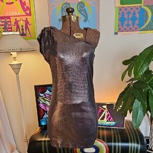 Vintage Y2K Michael Kors Grey & Silver Sequin One Shoulder Mini Shift Dress XS